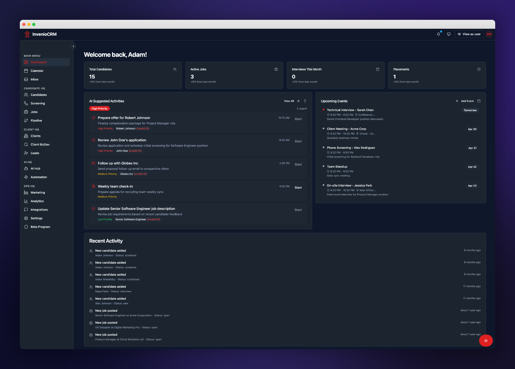 Invenio CRM Dashboard — recruiter command center with KPI tiles, AI Suggested Activities, upcoming events, and recent activity