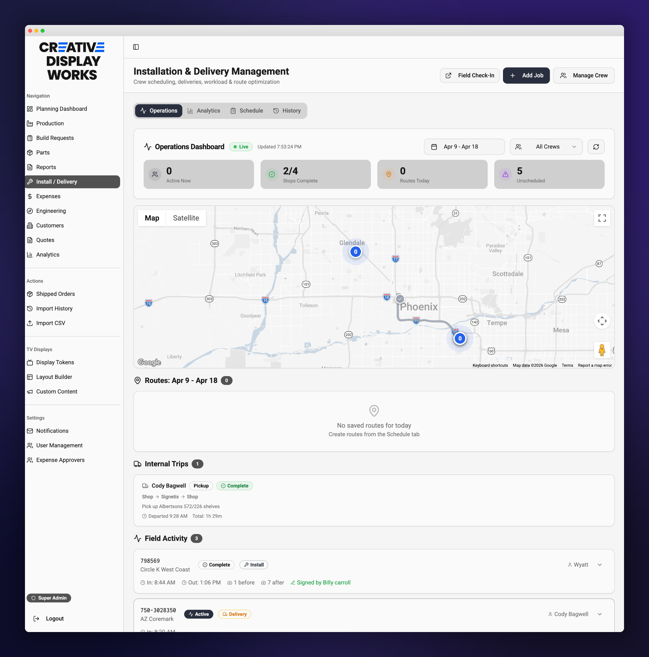 AriesOS Office OS — install operations dashboard with live route map, crew KPIs, and field activity log
