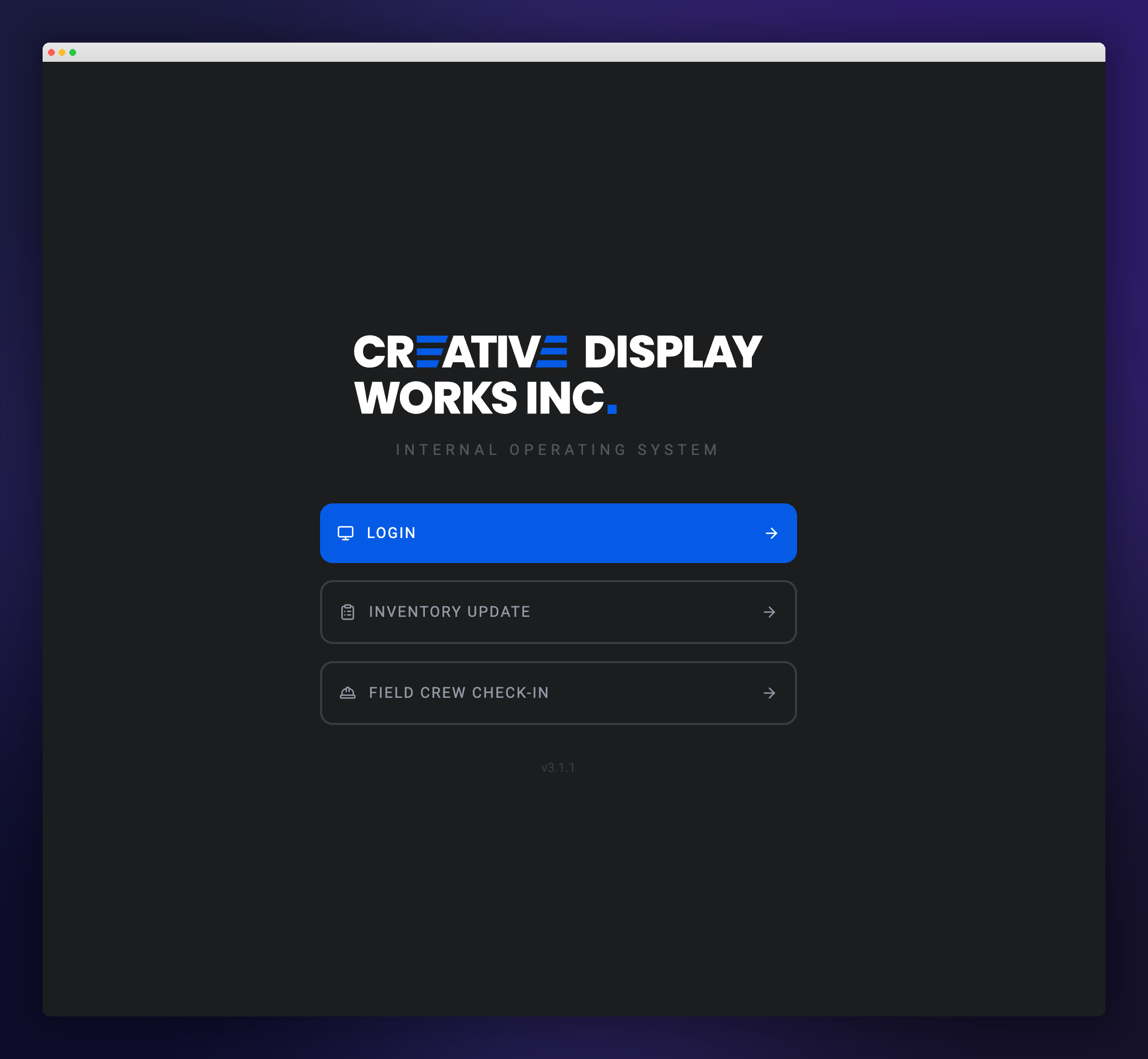 AriesOS multi-app entry — Office, Inventory, and Field Crew Check-In on one branded landing screen