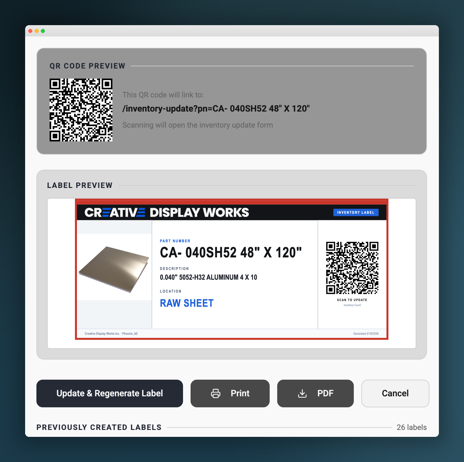 AriesOS Inventory app — QR label generator producing branded labels that deep-link to mobile inventory updates