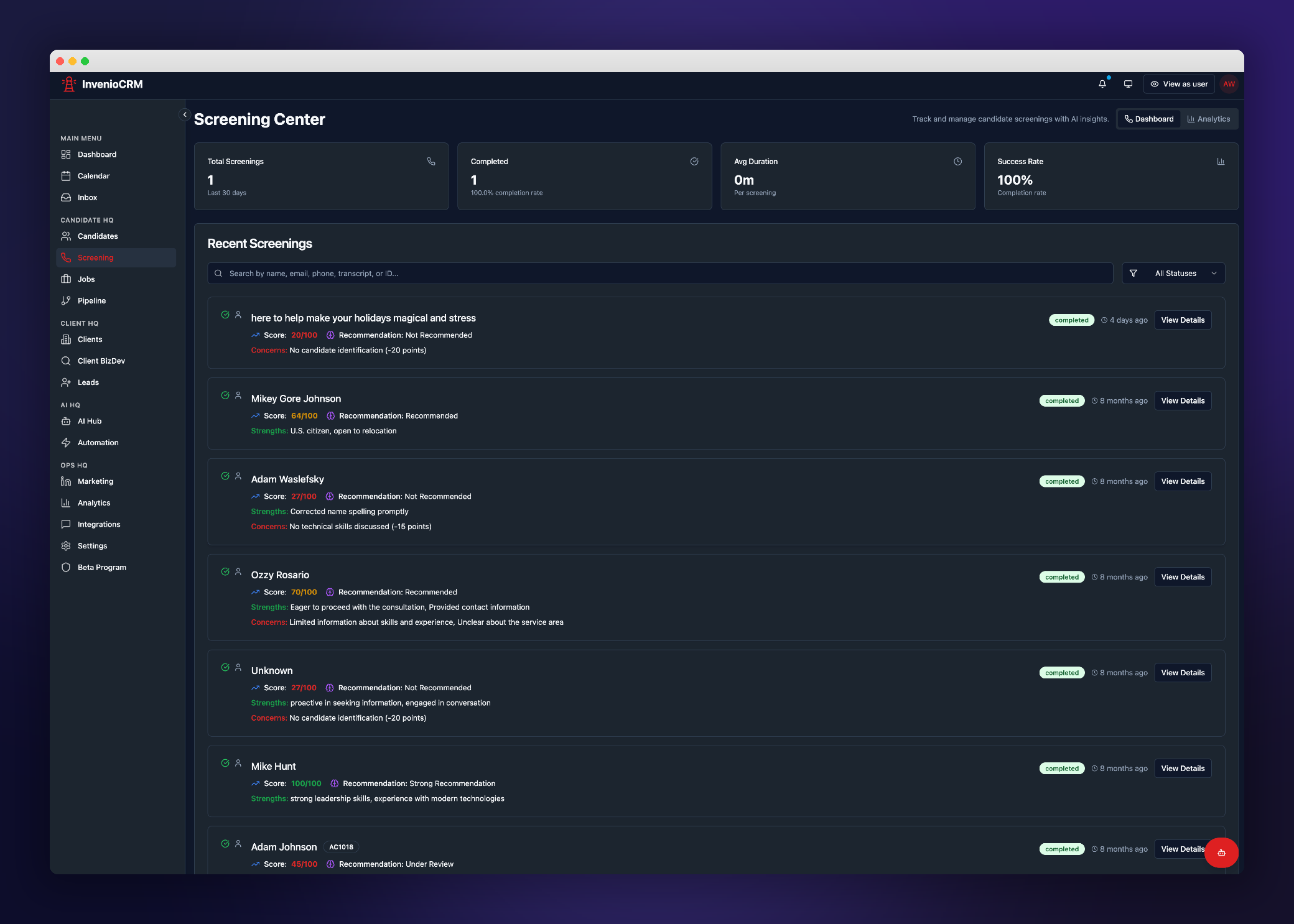Invenio CRM Screening Center — list of completed AI voice screenings with numeric scores, recommendations, and structured strengths and concerns